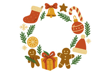 Christmas holiday wreath frame with cute festive icons. Hand drawn vector elements for greeting card. Winter design with gingerbread man, candy cane, gift, stocking, bell.