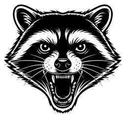 Aggressive Raccoon Head Mascot, Raccoon, head, aggressive, mascot, black and white