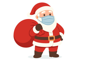 Santa Claus wearing a medical face mask carrying a big red sack of gifts. Christmas during covid-19 pandemic concept. New normal holiday season. Vector flat cartoon character.