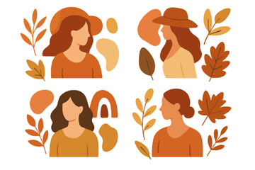 Set of 4 abstract woman portraits with autumn leaves. Modern vector collage with organic shapes. Hand-drawn fall aesthetic for contemporary design, prints, and social media.