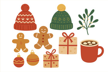 Christmas design elements set. Flat vector objects for holiday greeting cards. Knitted hats, gingerbread man, mistletoe, gifts, hot cocoa, baubles. Winter celebration icons.