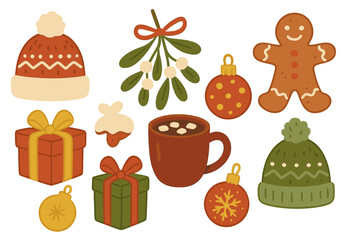 Christmas holiday design elements set. Vector collection of hand-drawn flat objects. Knitted hats, gingerbread man, mistletoe, gifts, hot cocoa, baubles. Winter festive icons.