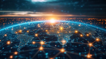 Digital world map with illuminated connections over earth against sunrise
