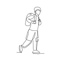 Continuous line drawing of little boy man walking on the street. Concept of student person with bag go to school. Vector illustration