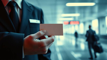Uniformed chauffeur holding name card in focus with arriving travelers at airport with copy space
