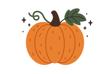 Cute pumpkin vector illustration with magic sparkles. Autumn harvest vegetable for Halloween or Thanksgiving design. Flat cartoon gourd with leaf and vine, fall season graphic icon.
