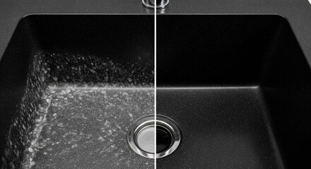 Before and after cleaning a dirty black kitchen sink with lime scale