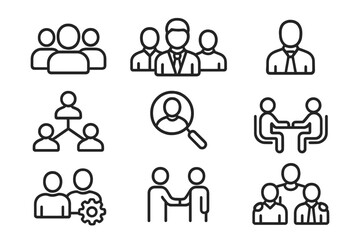 Business people icons. Line icon set. Human resources. Teamwork and collaboration. Leadership, meeting, partnership. Recruitment and research. Corporate staff and management.