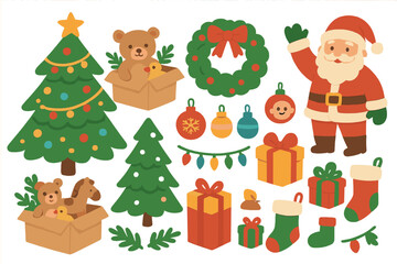 Fototapeta premium Christmas graphic set collection. Flat cartoon vector illustration. Santa Claus, Xmas tree, gift box, present, toys, wreath, stocking, garland, decoration icon for holiday.