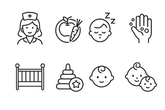 Child care line icon set. Babysitting service symbols. Nurse, healthy eating, sleep, hygiene, crib, toys, infant face. Baby daily routine pictogram collection for web and mobile. - Powered by Adobe