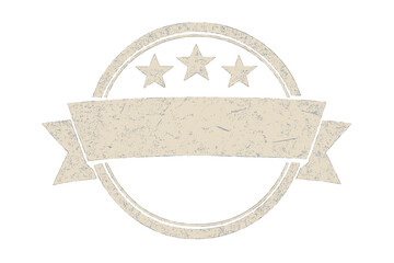 Grunge textured round stamp with empty ribbon banner and three stars. Old retro style vector badge template for quality certificate or award logo. Distressed circle insignia.