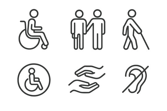 Disability and accessibility thin line icon set. Wheelchair user, blind person with cane, deaf symbol, and assistance pictograms. Vector icons for special needs and inclusion.