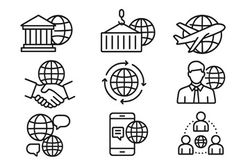 Naklejka premium Global business line icon collection. Vector icons for international trade, logistics, transport, partnership, worldwide communication, shipping, finance, and global networking.