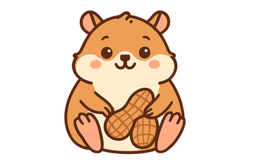 Cute cartoon hamster holding a peanut. Funny animal character mascot. Kawaii rodent pet with nut food. Flat vector illustration isolated on white background for kids design.