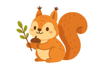 Cute squirrel vector illustration. Funny Valentine's day pun 'I'm nuts about you'. Adorable animal character holding an acorn and a branch. Cartoon design for card.