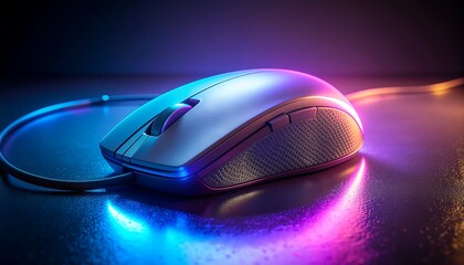A sleek, modern computer mouse illuminated by vibrant neon blue and pink lights, casting colorful reflections on a dark, glossy surface.