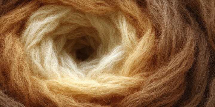 Golden beige wool fibers forming circular spiral pattern with soft handmade textile background and natural fabric detail - AI generated
