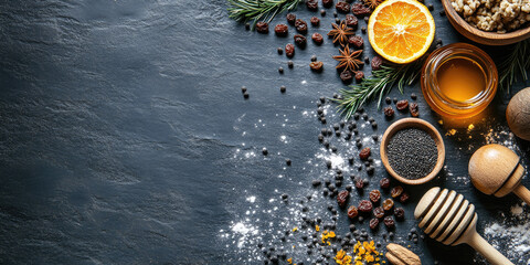 Various baking ingredients such as poppy seeds. Flour. Dried oranges. Raisins. And star anise are displayed on a dark tabletop. Creating a warm and inviting holiday ambiance for Christmas festivities