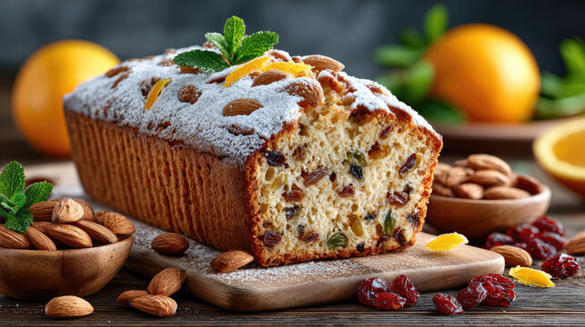 Close-up view of a Brazilian fruitcake displayed on a rustic wooden serving board, adorned with a variety of vibrant candied fruits, cranberries, nuts, and fresh mint leaves