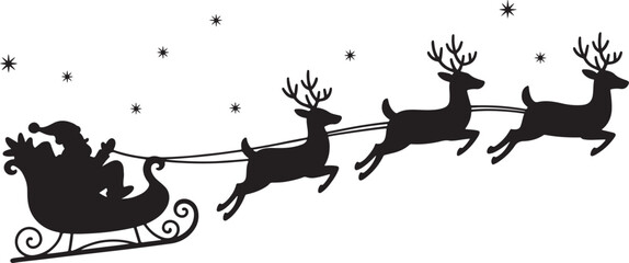 Christmas silhouette of santa claus riding sleigh pulled by reindeer with stars in night sky, festive holiday illustration