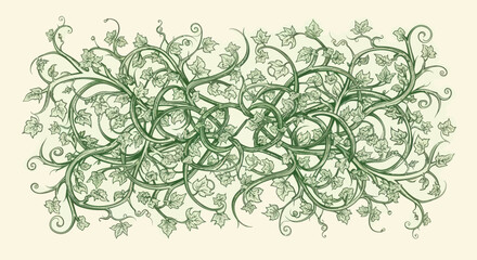Intertwined, detailed green vines with leaves on a creamy background © AJI T