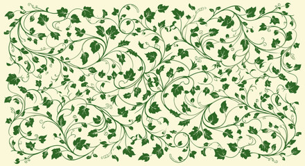 Green ivy, leaves and vine scrolls, on a cream background