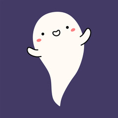 Cute and funny ghost isolated on a purple background. Vector hand-drawn illustration in a flat style. Kawaii character. Perfect for cards, decorations, logo and Halloween designs