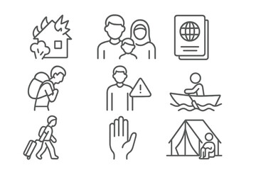 Refugee crisis and immigration line icon set. Vector symbols for war, conflict, and humanitarian aid. Migrant family, passport, asylum seeker, boat people, and refugee camp.