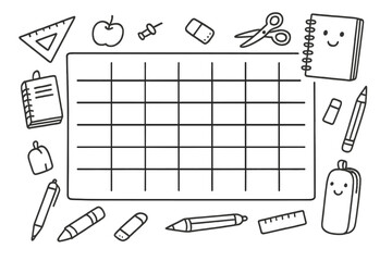 School timetable template with doodle supplies. Weekly planner schedule for kids. Hand-drawn lesson organizer. Back to school cartoon frame with stationery vector illustration.