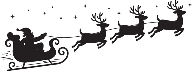 Christmas silhouette of santa claus riding sleigh pulled by reindeer with stars in night sky, festive holiday illustration
