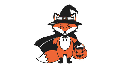 Halloween Fox: A charming cartoon fox dressed in a witch's hat and cape, holding a carved pumpkin pail, ready for trick-or-treating, capturing the spirit of spooky season.