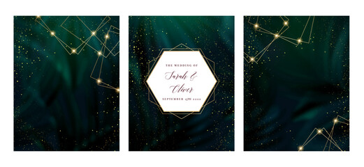 Dark greenery exotic foliage vector background. Black blue tropical trees wedding invitation. Leaves card texture. Golden line crystal art. Island style save the date. Elegant outdoor party template