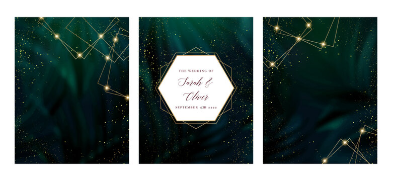 Dark greenery exotic foliage vector background. Black blue tropical trees wedding invitation. Leaves card texture. Golden line crystal art. Island style save the date. Elegant outdoor party template