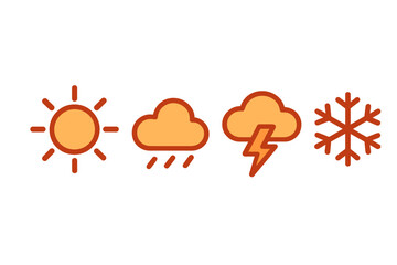 Essential weather forecast icons set featuring sun, rain, storm, and snowflake symbols for various conditions