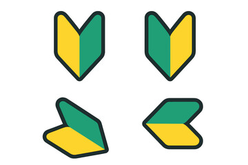 Set of four beginner driver arrow badges vector illustration, beginner driver mark icons collection, green and yellow chevron symbols, Japan learner driver signs