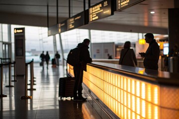 Airport pickup service counter with travelers blurred