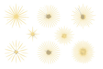 Vector illustration of golden starburst set with transparent background, radiant sunburst shapes collection for decorative design, festive and elegant shining elements