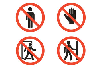 Set of four prohibition signs vector illustration with transparent background, no entry symbols, no pedestrian, no hand, no access, forbidden warning icons, safety signs design