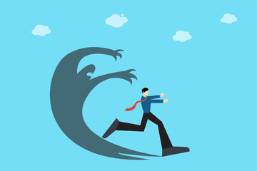 Businessman Running from Shadow Monster – Stress, Anxiety, and Business Pressure Concept