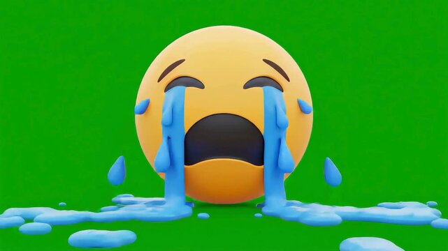 A crying emoji with tears streaming down its face, set against a vibrant green background transparent background