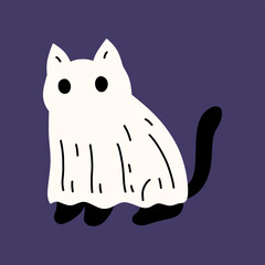 Cute black cat dressed as a ghost for Halloween. Cartoon illustration with spooky and funny style on dark background. Perfect for holiday decoration, cards and design.
