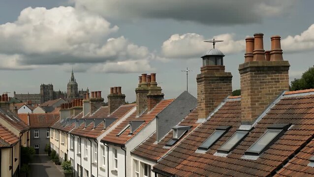 Sequence of Connected Residential Building Roofs Featuring Multiple Chimney Pots