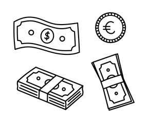 Dollar bills, euro coin, and cash bundles isolated on white background. Finance, banking, and economy illustration set in doodle style.