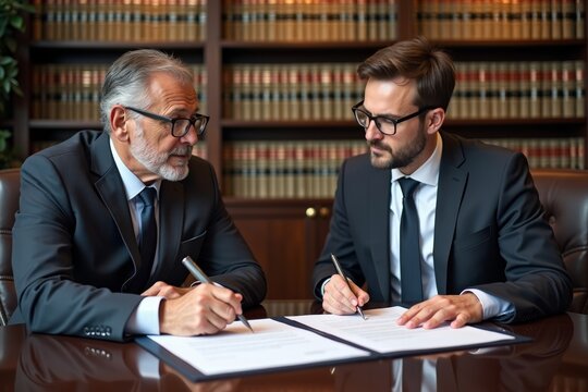 Executives in sharp attire deep in discussion over a large contract document