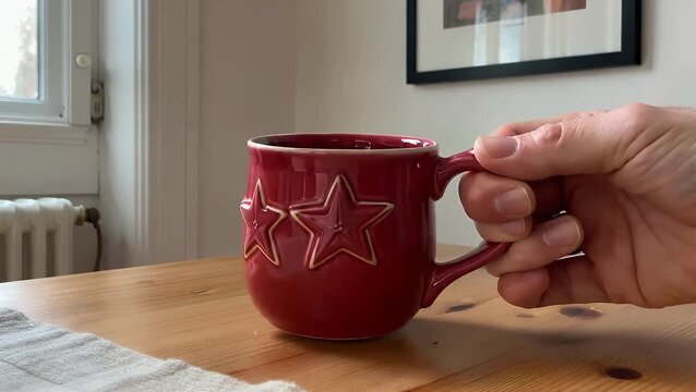 vibrant red ceramic mug or cup decorated with simple pattern of white stars, evoking festive or winter theme&nbsp;