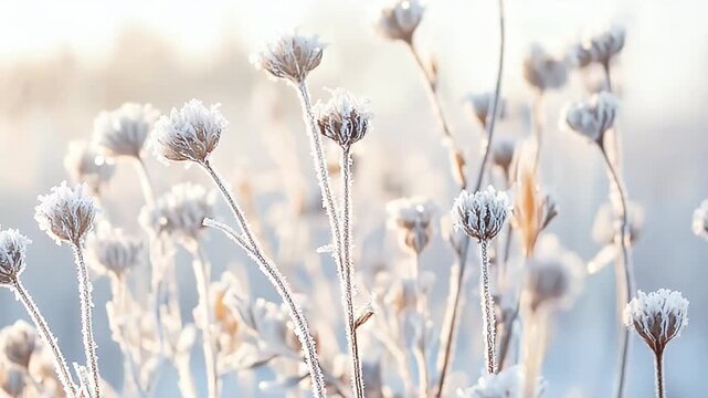 Frost-covered withered flowers, pale blue-white backdrop, evoking winter chill