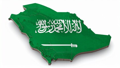 The flag of Saudi Arabia inside the map shape of Saudi Arabia with Arabic text detail isolated on white background
