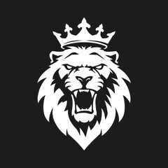 Stylized roaring lion head wearing a crown, rendered in white on a dark background