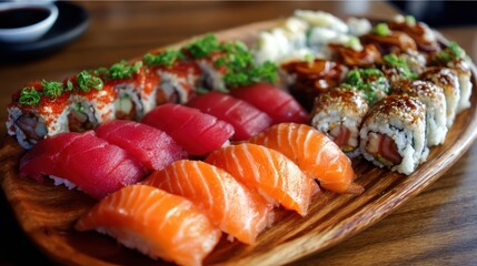 Exquisite Sushi Platter Featuring Fresh Salmon, Tuna, and Assorted Rolls on a Wooden Serving Board