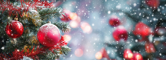 Festive Christmas Tree with Red Ornaments and Snowfall